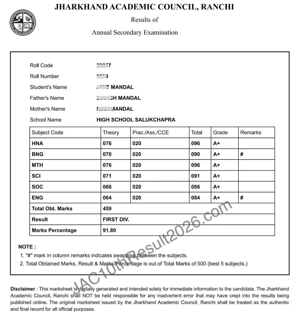 JAC 10th Result 2026 PDF