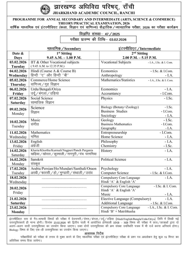 JAC Board 10th exam date 2026 PDF